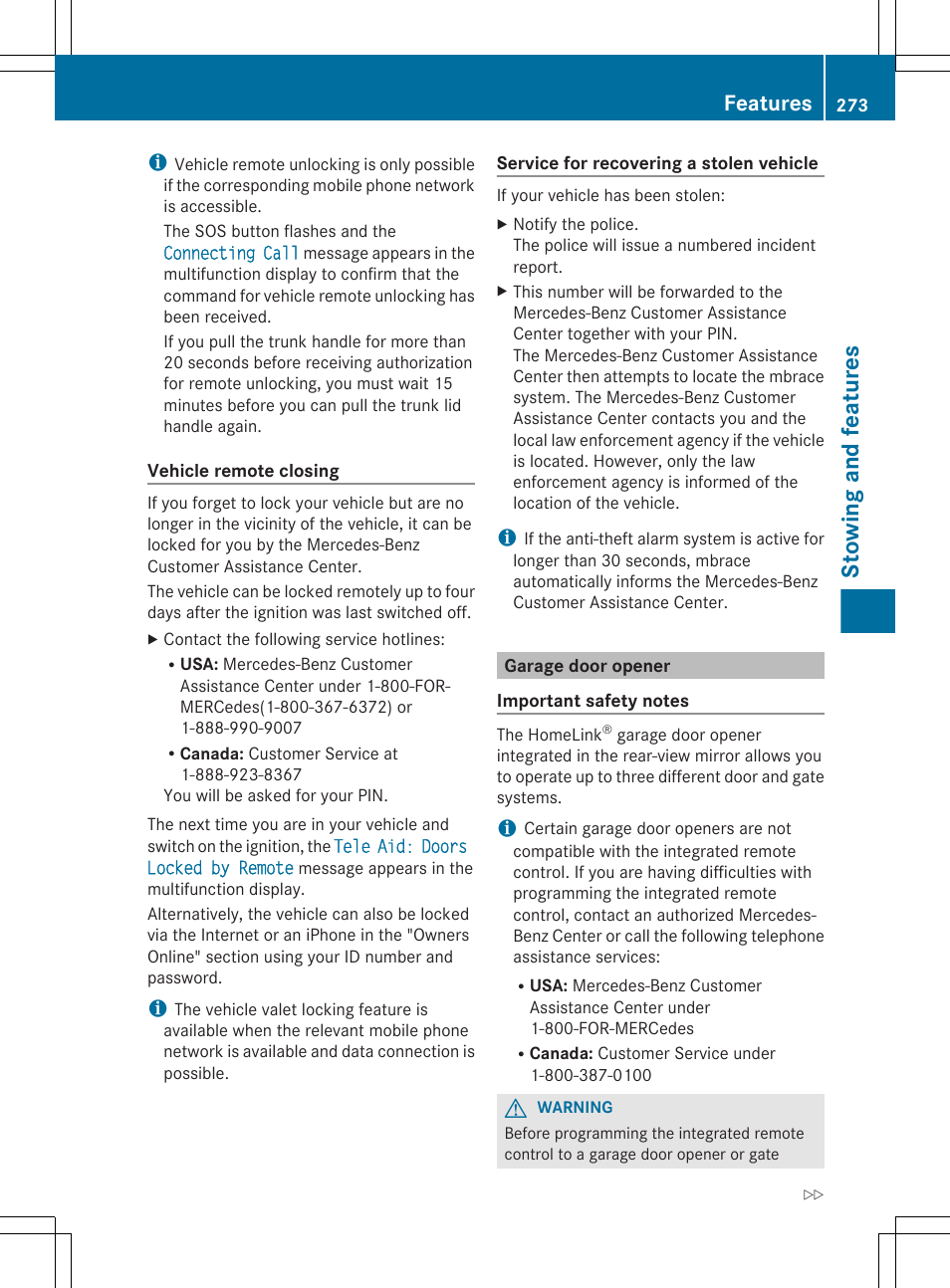 Garage door opener, Stowing and features, Features | Mercedes-Benz CLS-Class 2012 Owners Manual User Manual | Page 275 / 356