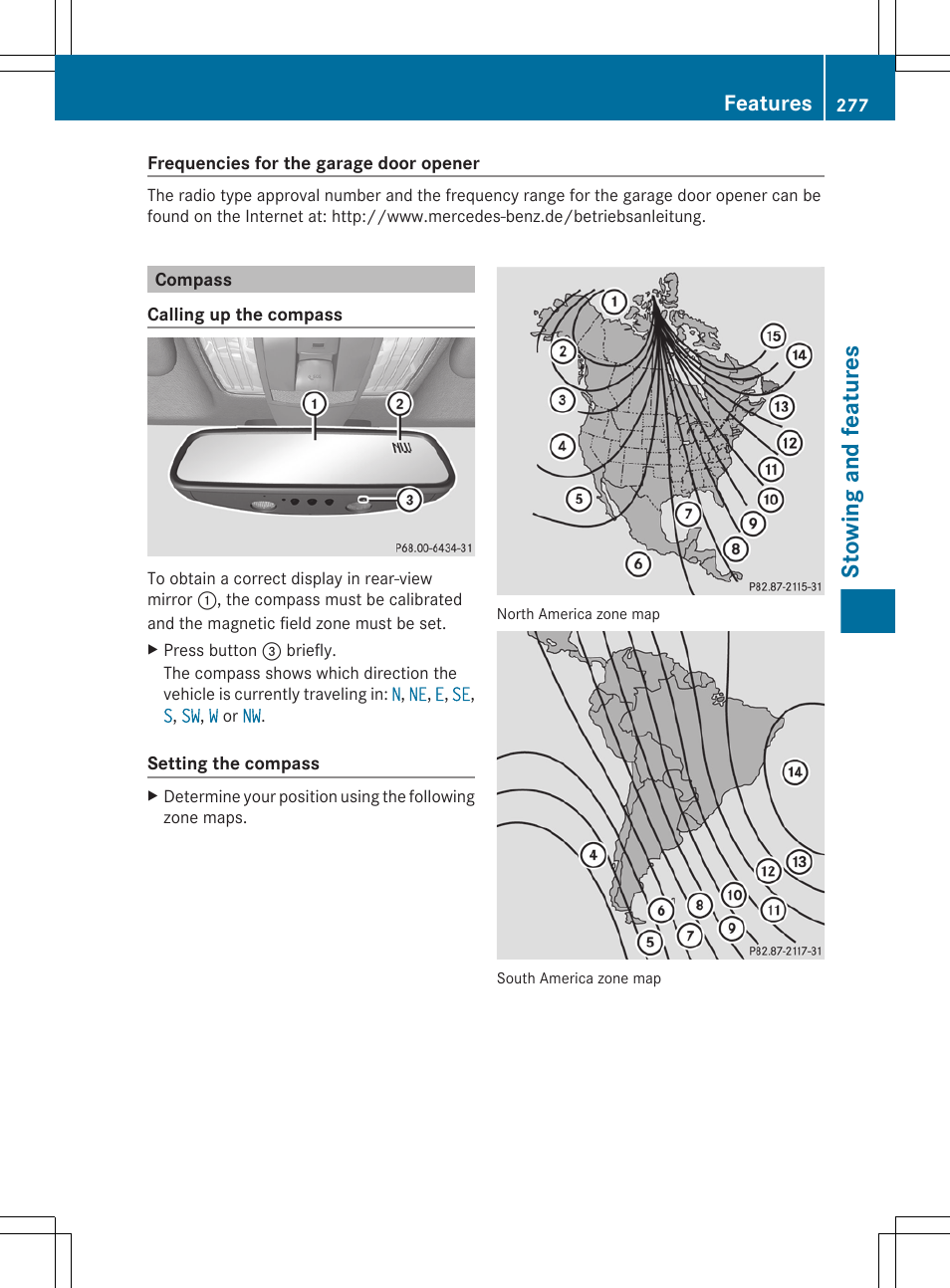 Compass, Stowing and features, Features | Mercedes-Benz CLS-Class 2012 Owners Manual User Manual | Page 279 / 356