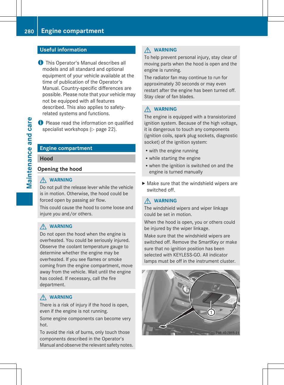 Maintenance and care, Useful information, Engine compartment | Hood | Mercedes-Benz CLS-Class 2012 Owners Manual User Manual | Page 282 / 356