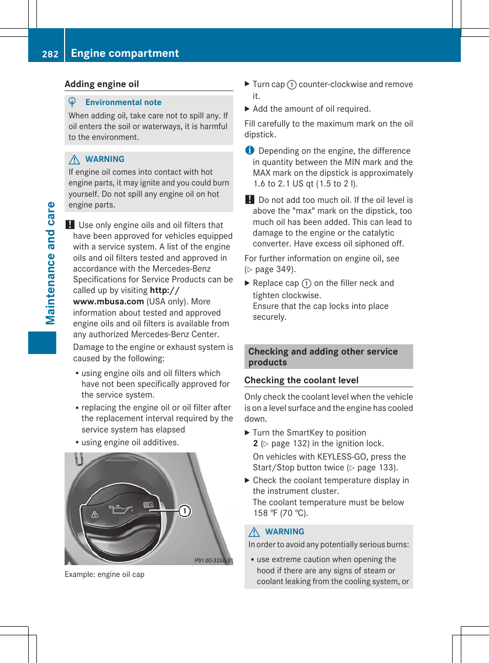 Checking and adding other service products, Coolant, Maintenance and care | Engine compartment | Mercedes-Benz CLS-Class 2012 Owners Manual User Manual | Page 284 / 356