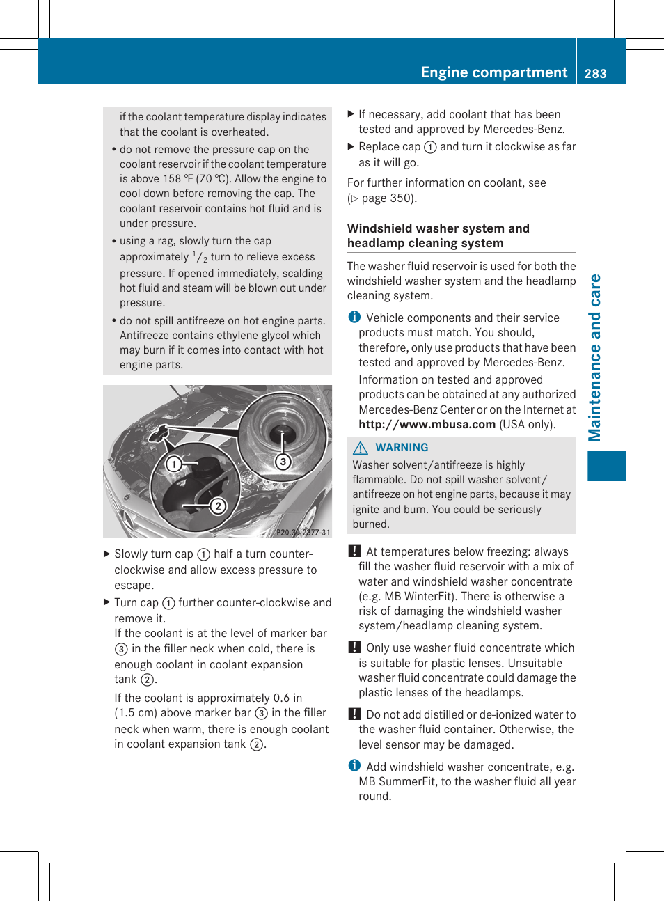 Maintenance and care, Engine compartment | Mercedes-Benz CLS-Class 2012 Owners Manual User Manual | Page 285 / 356