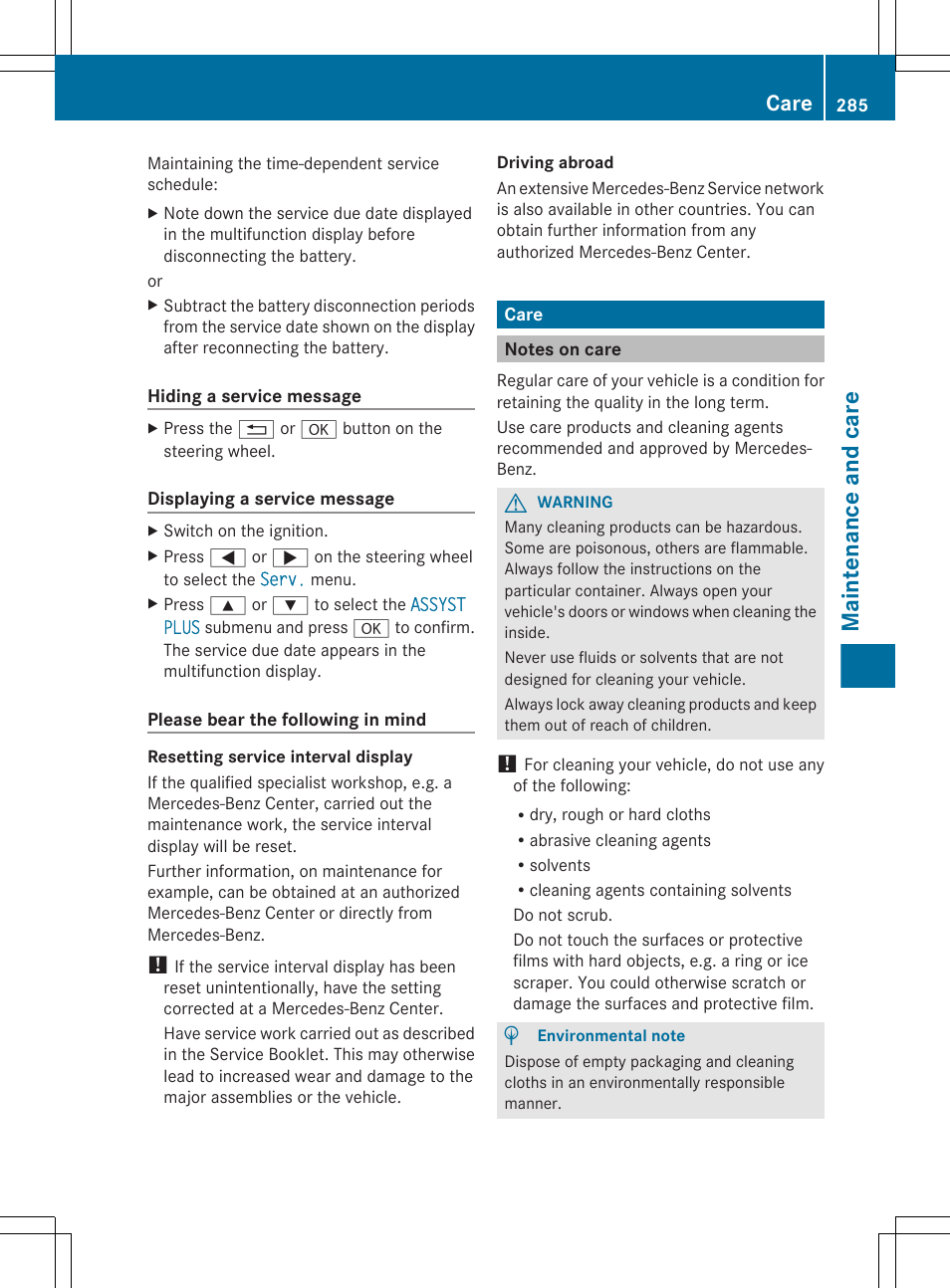 Care, Notes on care, Maintenance and care | Mercedes-Benz CLS-Class 2012 Owners Manual User Manual | Page 287 / 356