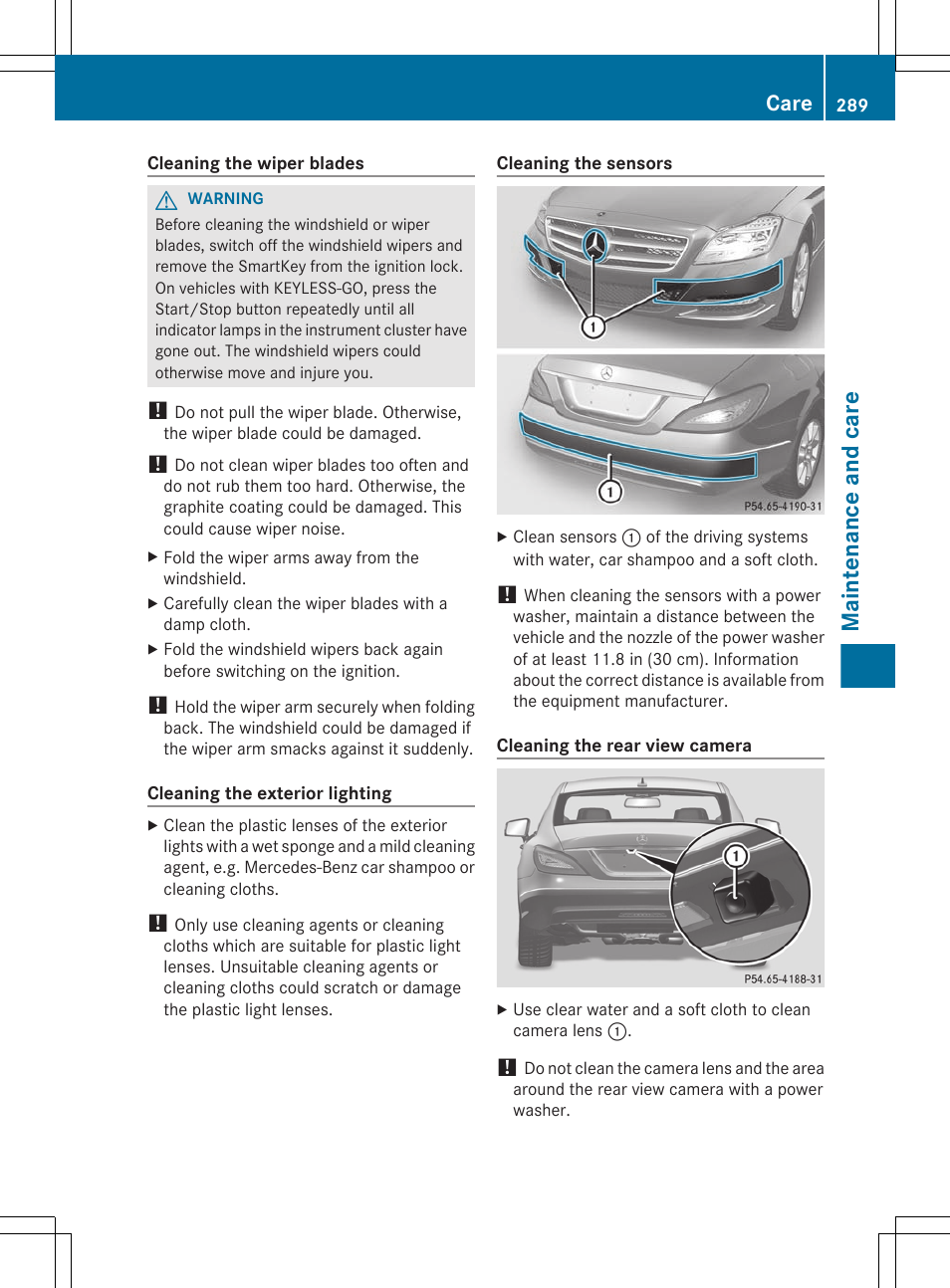 Clean the bumpers, Maintenance and care, Care | Mercedes-Benz CLS-Class 2012 Owners Manual User Manual | Page 291 / 356