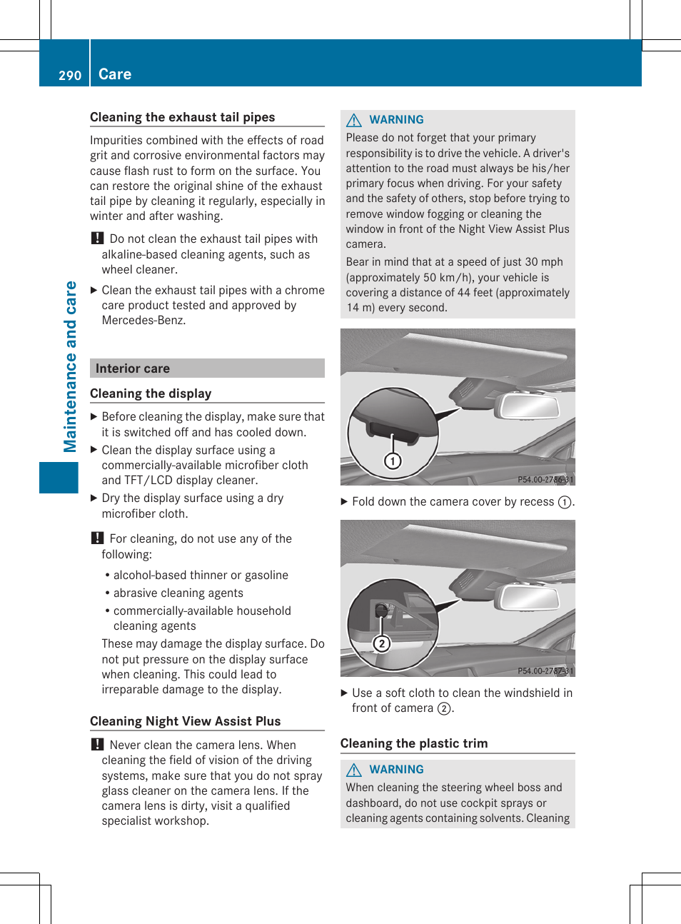 Interior care, Down the camera cover, Fold down the camera cover | Maintenance and care, Care | Mercedes-Benz CLS-Class 2012 Owners Manual User Manual | Page 292 / 356