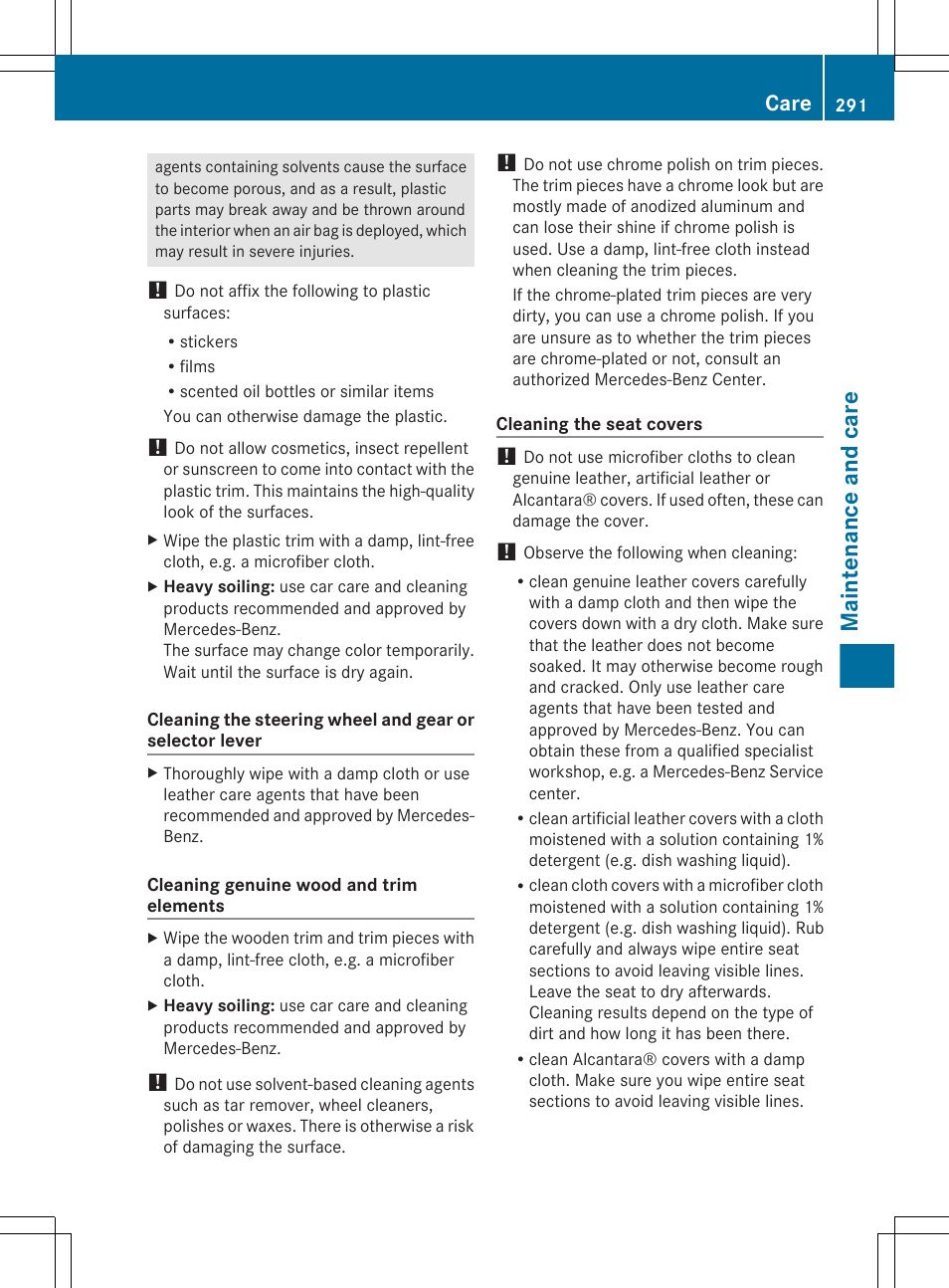 Maintenance and care, Care | Mercedes-Benz CLS-Class 2012 Owners Manual User Manual | Page 293 / 356