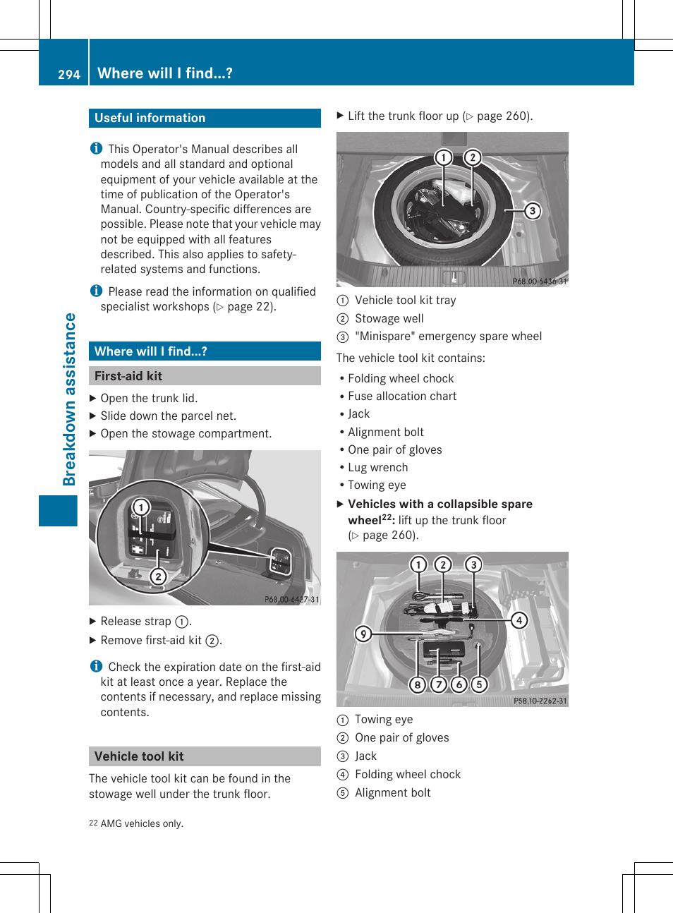 Breakdown assistance, Useful information, Where will i find | First-aid kit, Vehicle tool kit | Mercedes-Benz CLS-Class 2012 Owners Manual User Manual | Page 296 / 356