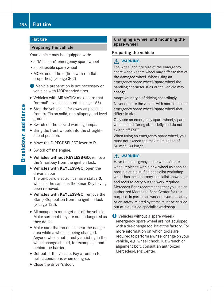 Flat tire, Preparing the vehicle, Changing a wheel and mounting the spare wheel | Breakdown assistance | Mercedes-Benz CLS-Class 2012 Owners Manual User Manual | Page 298 / 356