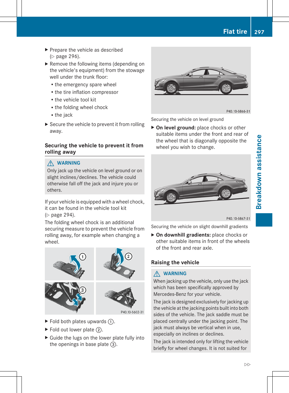 Breakdown assistance, Flat tire | Mercedes-Benz CLS-Class 2012 Owners Manual User Manual | Page 299 / 356