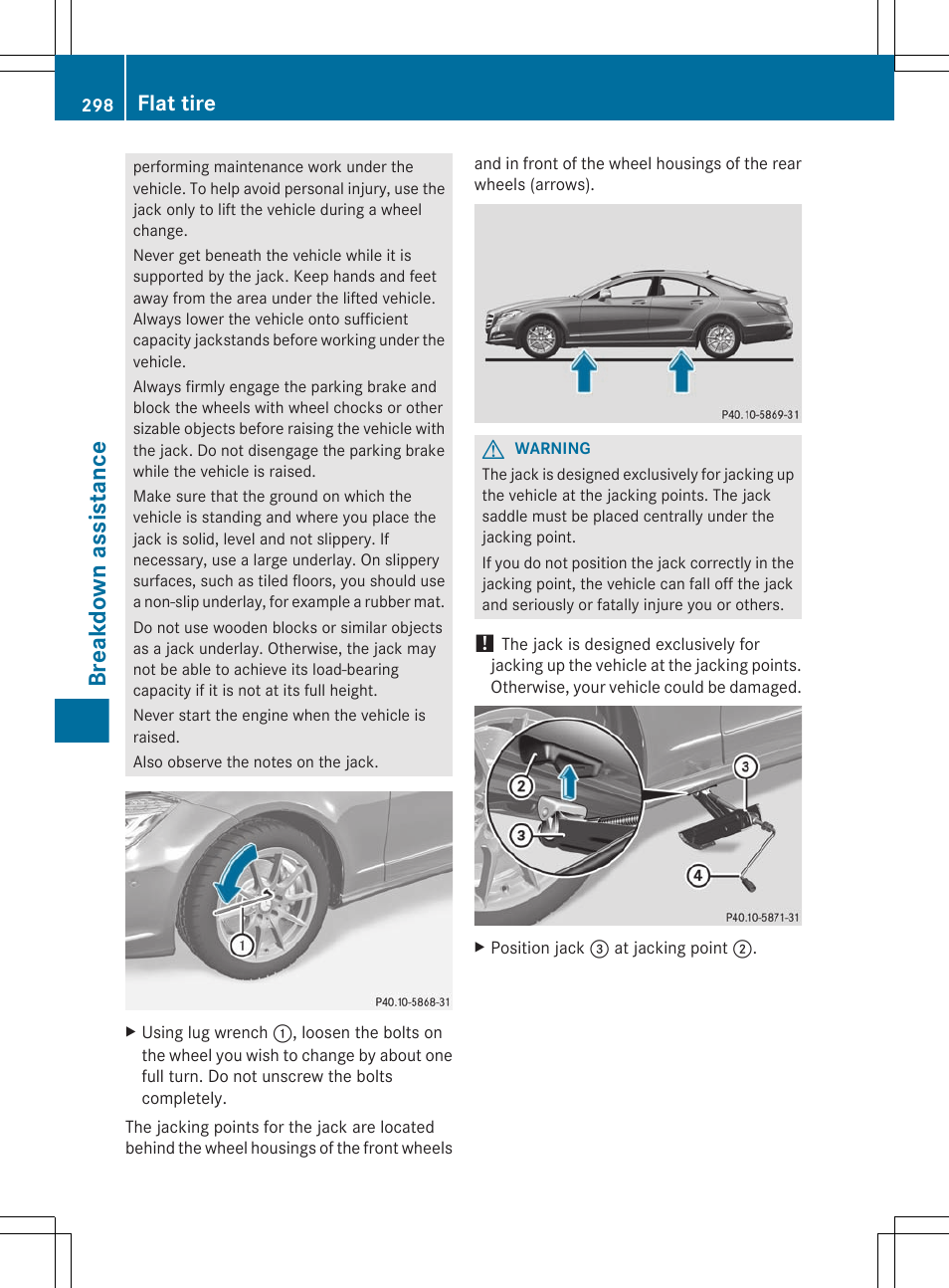 Breakdown assistance, Flat tire | Mercedes-Benz CLS-Class 2012 Owners Manual User Manual | Page 300 / 356