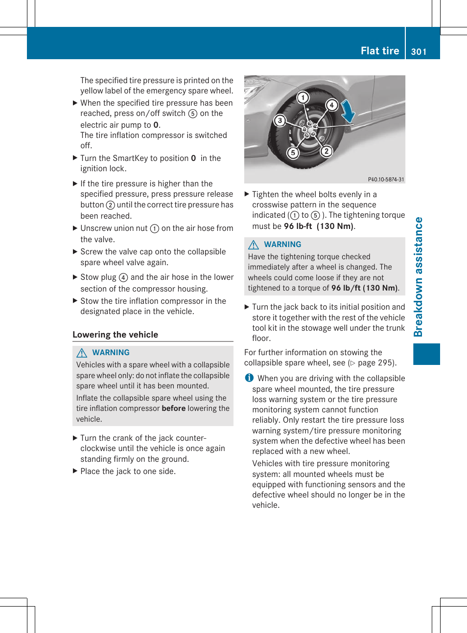 Vehicle, Breakdown assistance, Flat tire | Mercedes-Benz CLS-Class 2012 Owners Manual User Manual | Page 303 / 356
