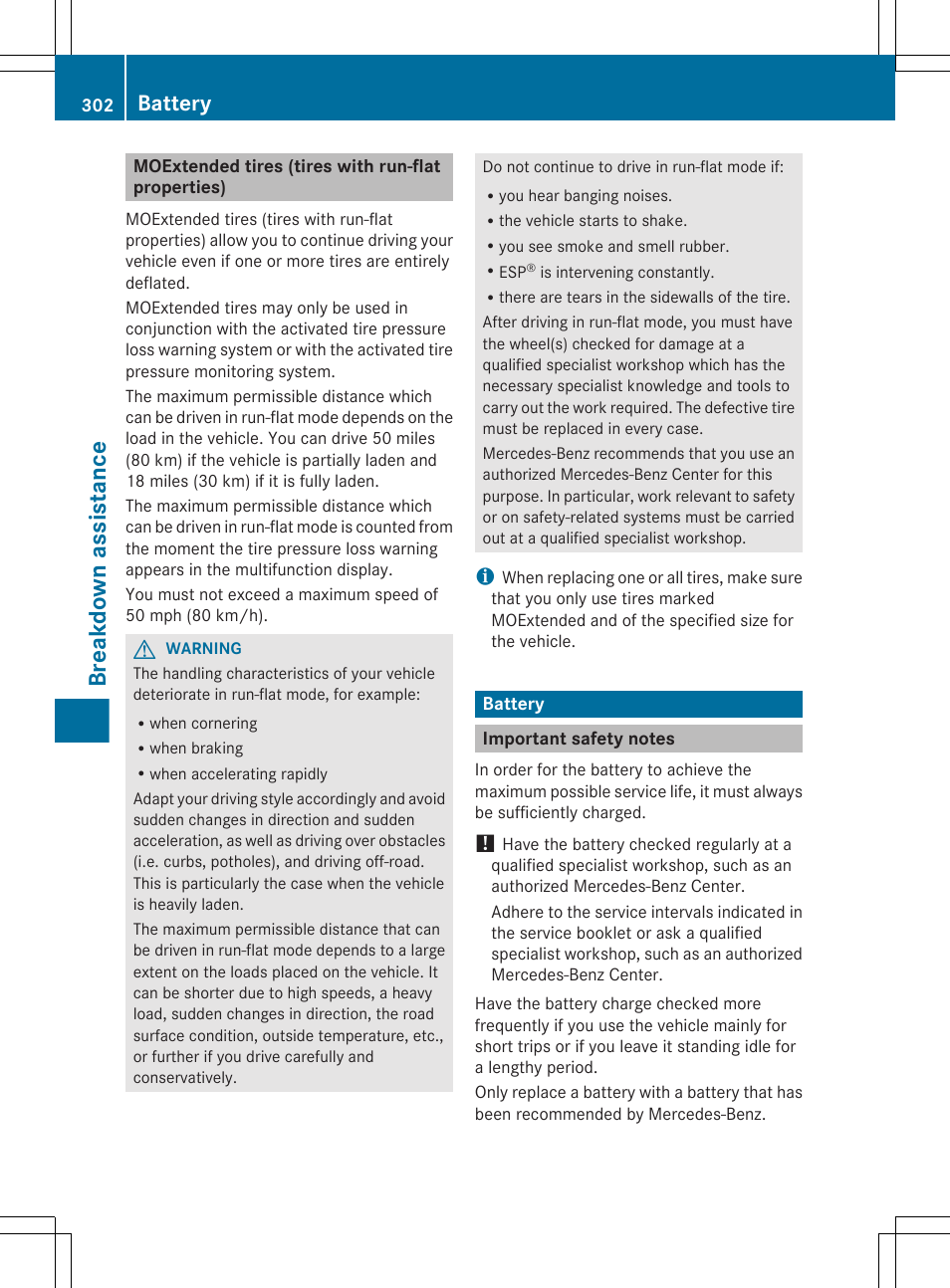 Moextended tires (tires with run-flat properties), Battery, Important safety notes | Properties), Breakdown assistance | Mercedes-Benz CLS-Class 2012 Owners Manual User Manual | Page 304 / 356