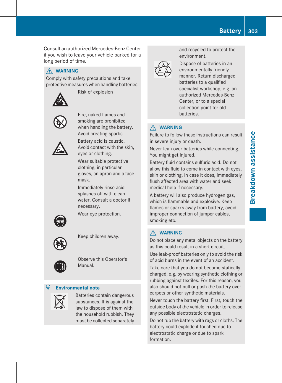 Breakdown assistance, Battery | Mercedes-Benz CLS-Class 2012 Owners Manual User Manual | Page 305 / 356