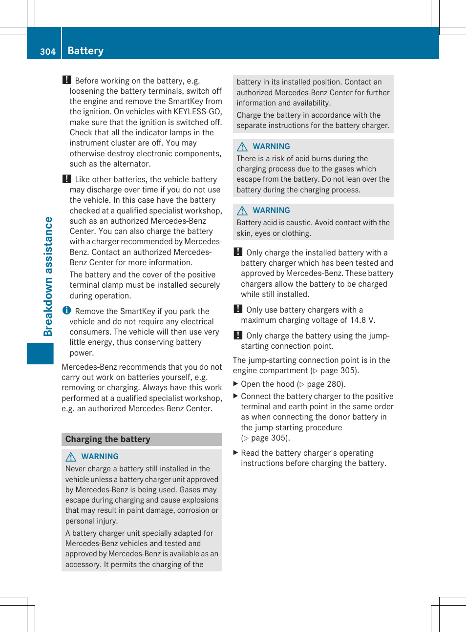 Charging the battery, Breakdown assistance, Battery | Mercedes-Benz CLS-Class 2012 Owners Manual User Manual | Page 306 / 356