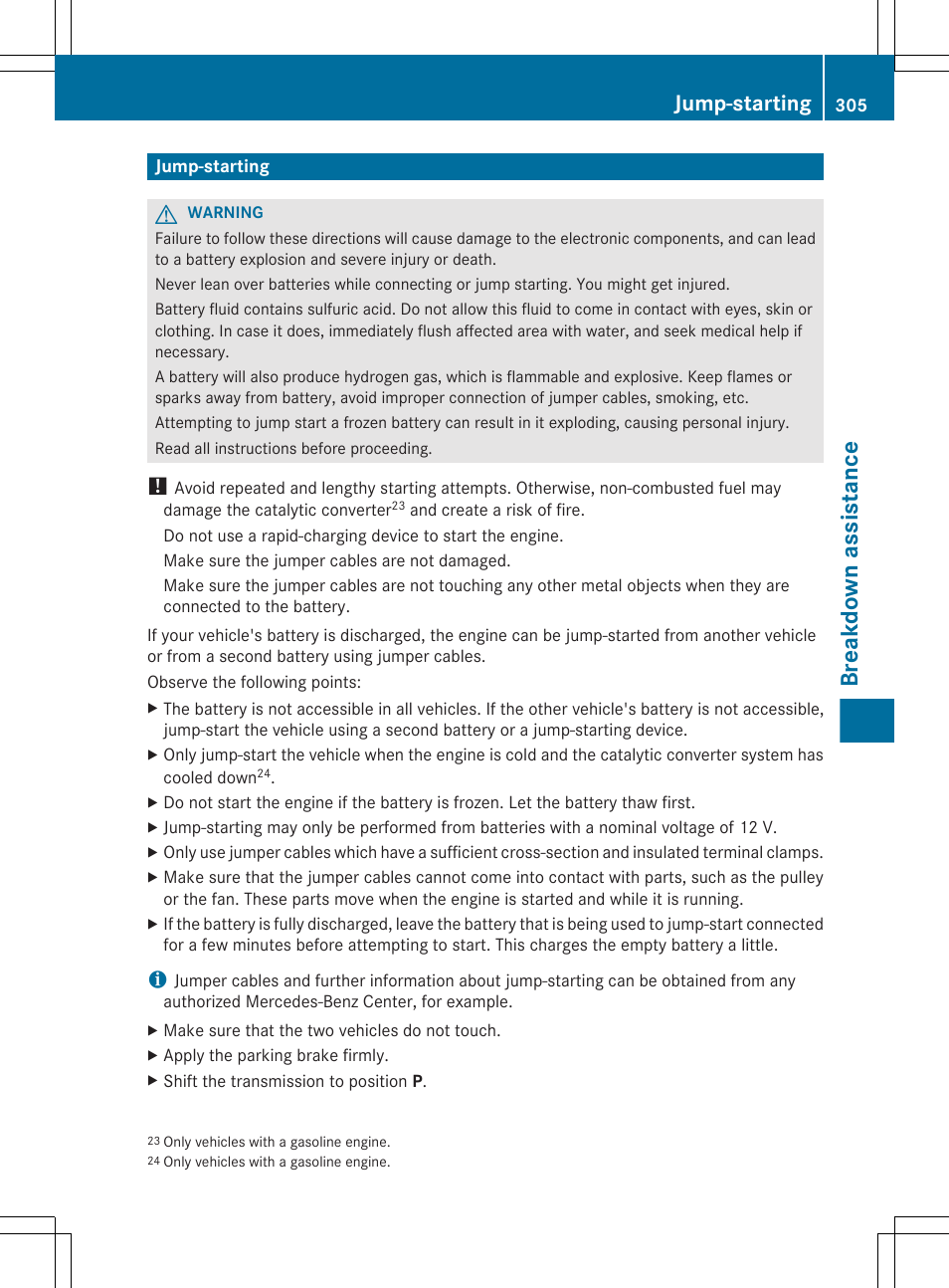 Jump-starting, Jump-start the vehicle, Engine compartment | Breakdown assistance | Mercedes-Benz CLS-Class 2012 Owners Manual User Manual | Page 307 / 356