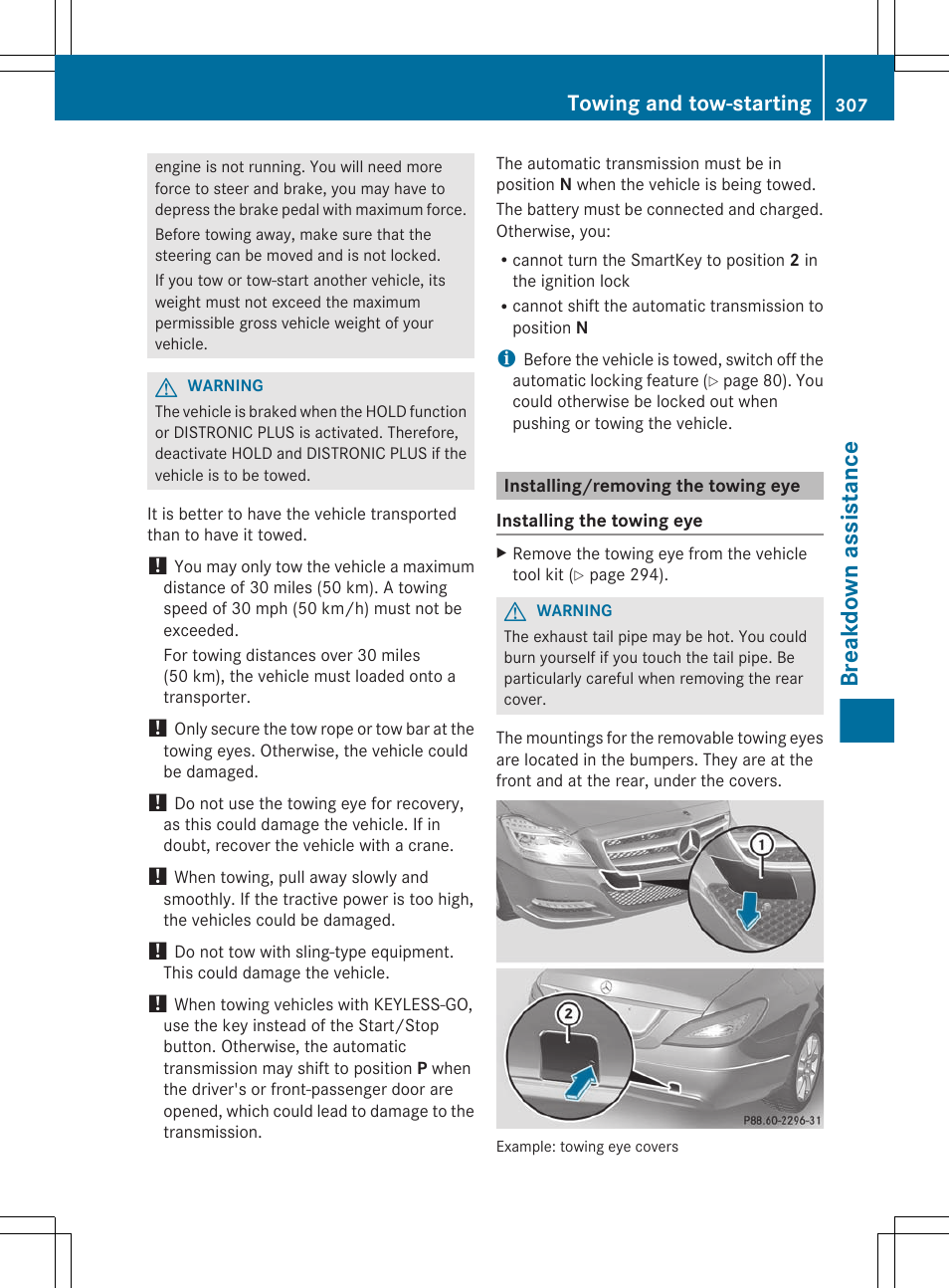 Installing/removing the towing eye, Breakdown assistance, Towing and tow-starting | Mercedes-Benz CLS-Class 2012 Owners Manual User Manual | Page 309 / 356