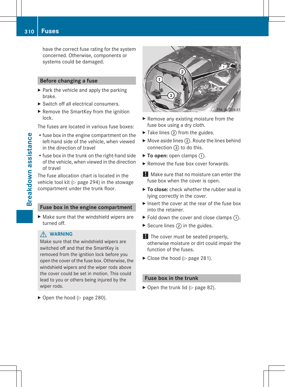 Before changing a fuse, Fuse box in the engine compartment, Fuse box in the trunk | Breakdown assistance, Fuses | Mercedes-Benz CLS-Class 2012 Owners Manual User Manual | Page 312 / 356