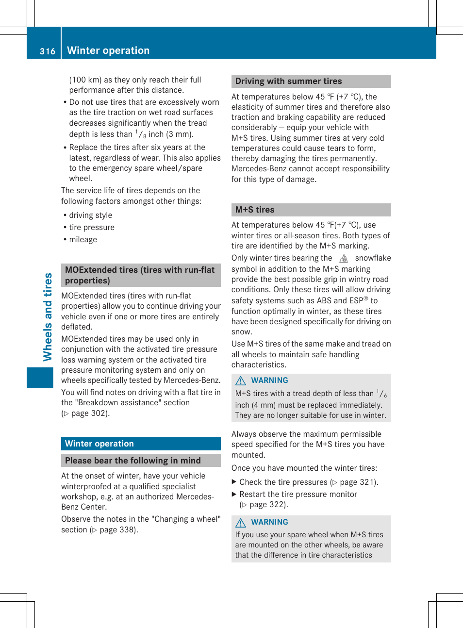 Moextended tires (tires with run-flat properties), Winter operation, Please bear the following in mind | Driving with summer tires, M+s tires, Section, Wheels and tires | Mercedes-Benz CLS-Class 2012 Owners Manual User Manual | Page 318 / 356