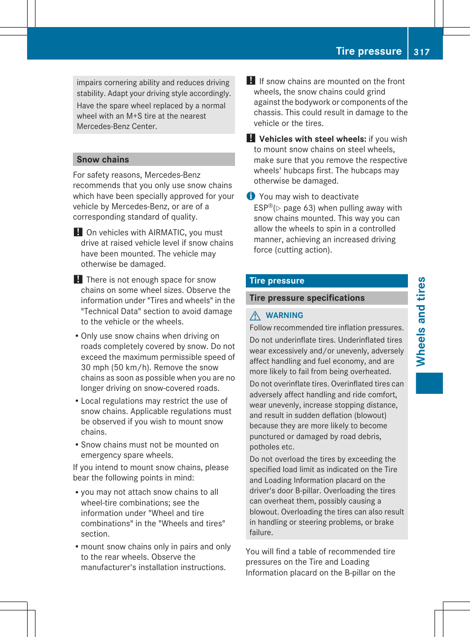 Snow chains, Tire pressure, Tire pressure specifications | Snow chains, see, Wheels and tires | Mercedes-Benz CLS-Class 2012 Owners Manual User Manual | Page 319 / 356