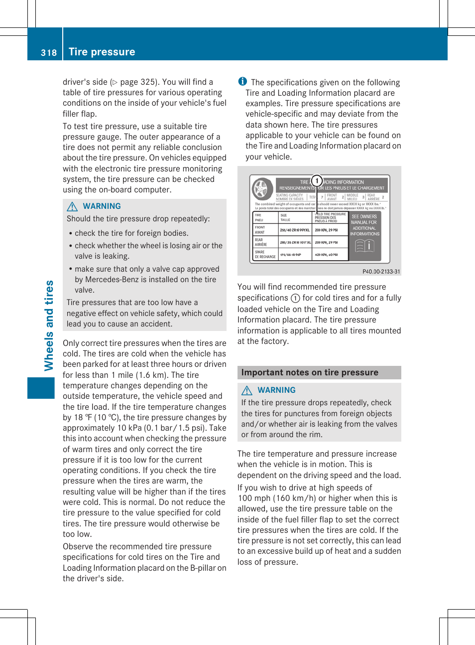 Important notes on tire pressure, Wheels and tires, Tire pressure | Mercedes-Benz CLS-Class 2012 Owners Manual User Manual | Page 320 / 356
