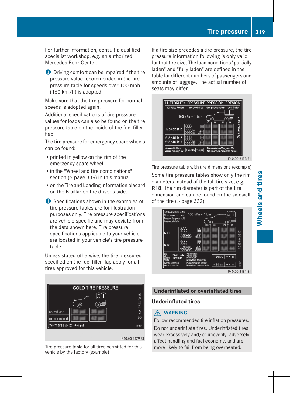 Underinflated or overinflated tires, Wheels and tires, Tire pressure | Mercedes-Benz CLS-Class 2012 Owners Manual User Manual | Page 321 / 356