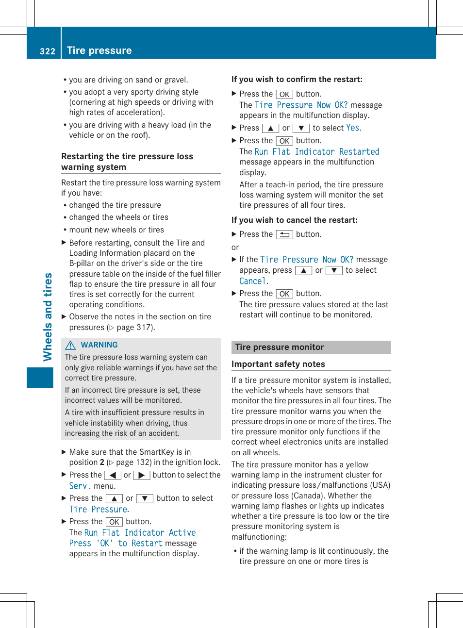 Tire pressure monitor, Correct the tire pressure, Wheels and tires | Tire pressure | Mercedes-Benz CLS-Class 2012 Owners Manual User Manual | Page 324 / 356