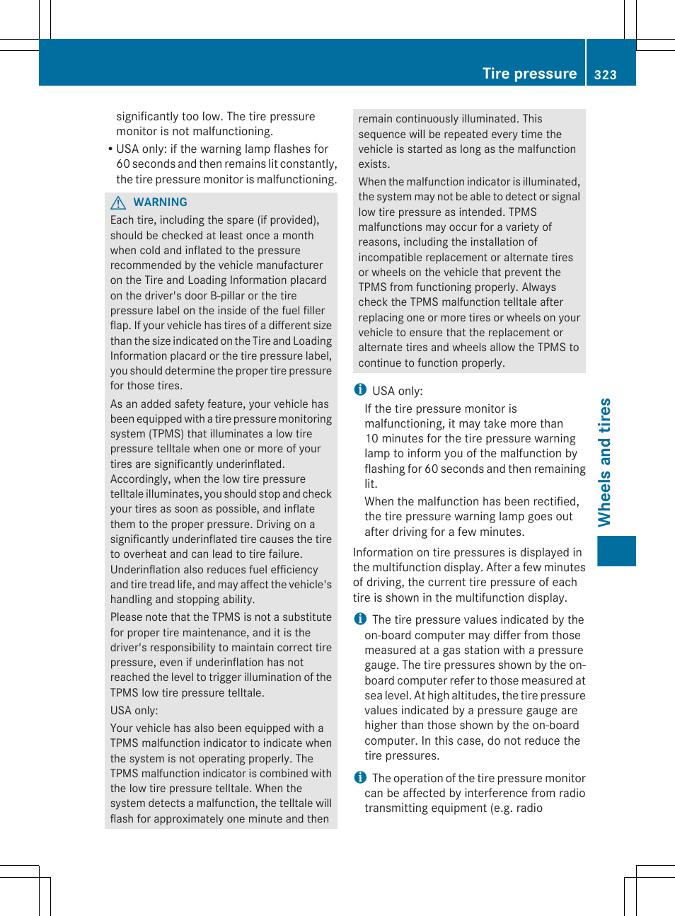 Wheels and tires, Tire pressure | Mercedes-Benz CLS-Class 2012 Owners Manual User Manual | Page 325 / 356