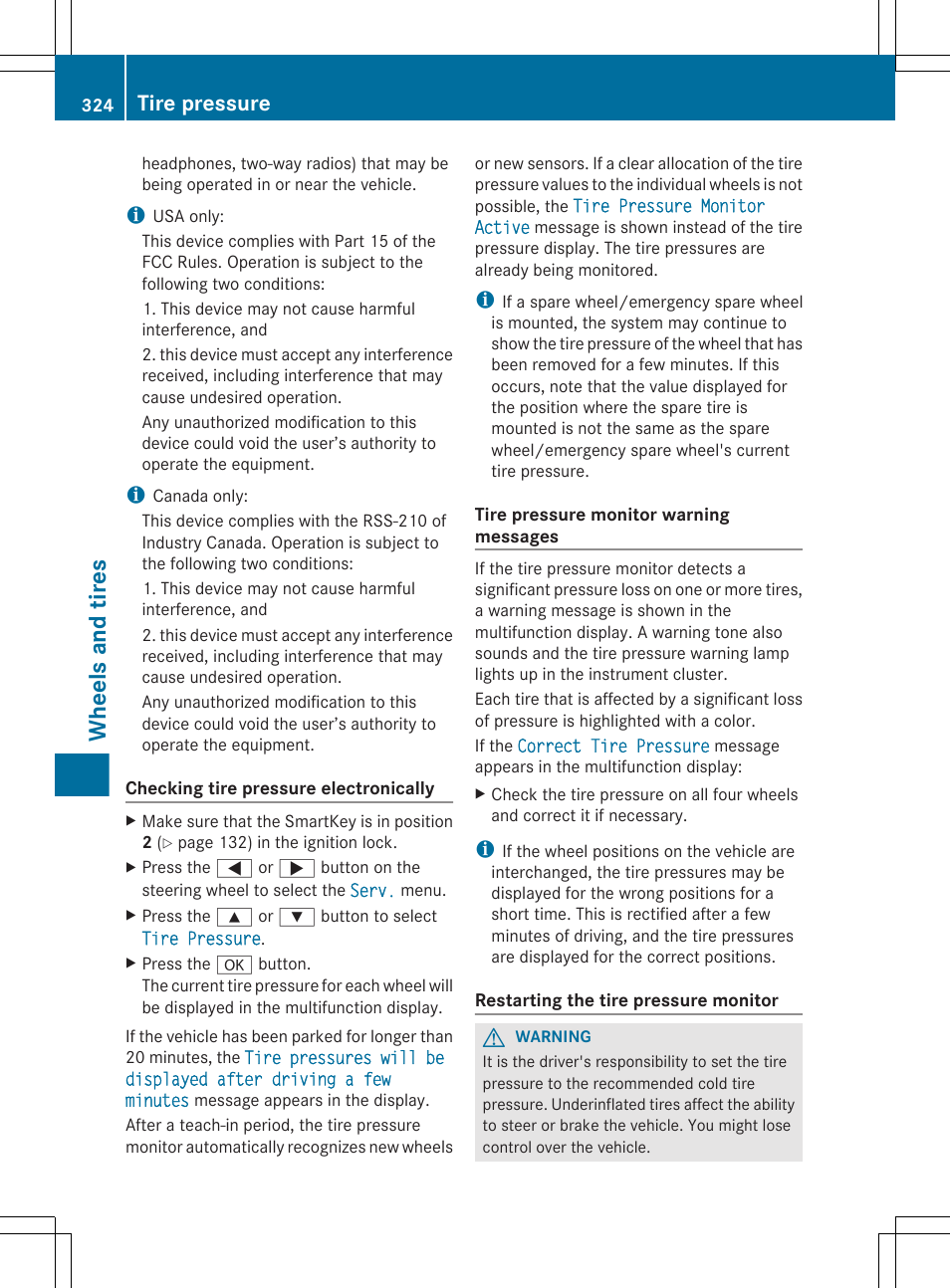Restart the tire pressure monitor, Wheels and tires, Tire pressure | Mercedes-Benz CLS-Class 2012 Owners Manual User Manual | Page 326 / 356