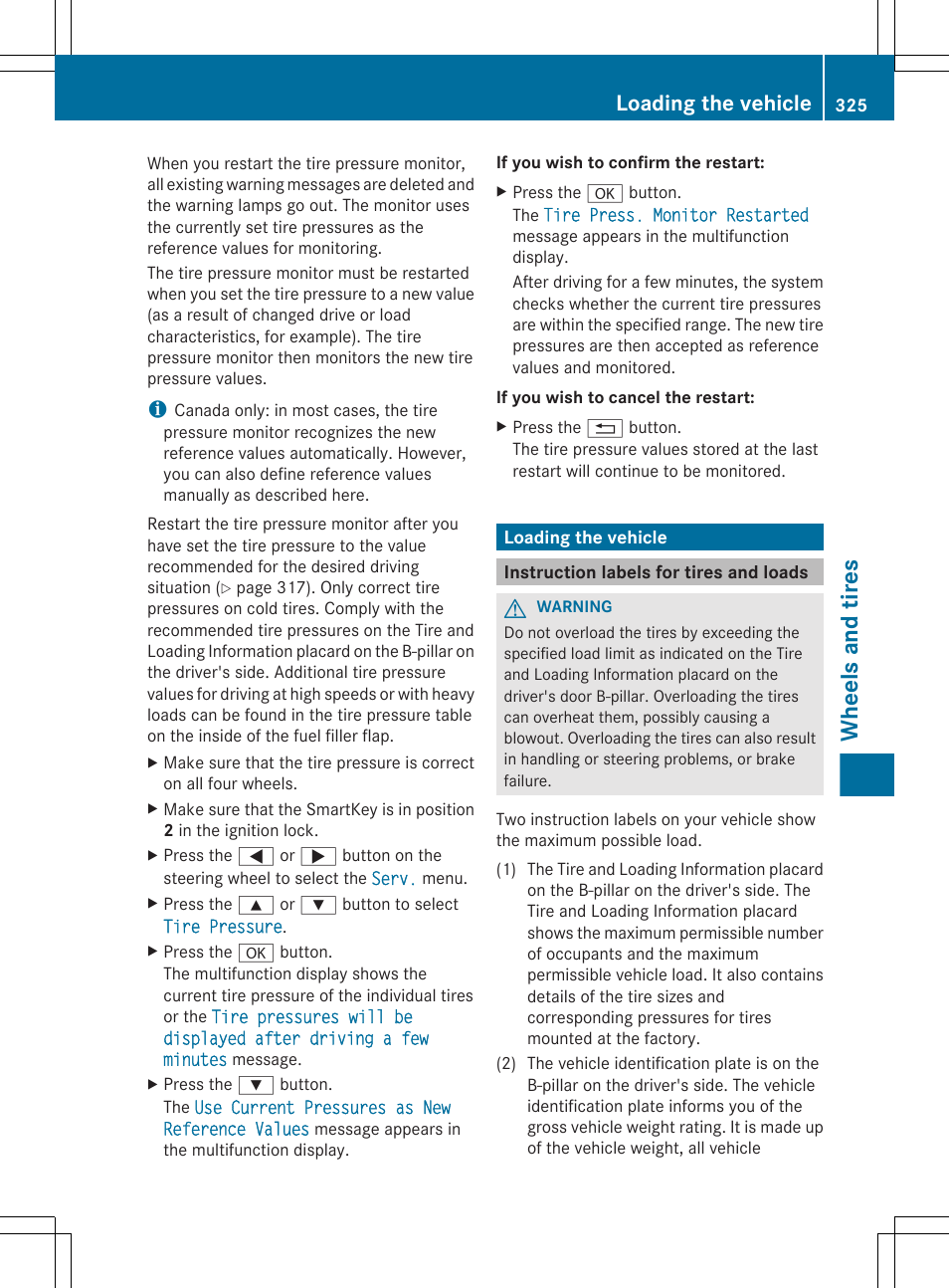 Loading the vehicle, Instruction labels for tires and loads, Wheels and tires | Mercedes-Benz CLS-Class 2012 Owners Manual User Manual | Page 327 / 356