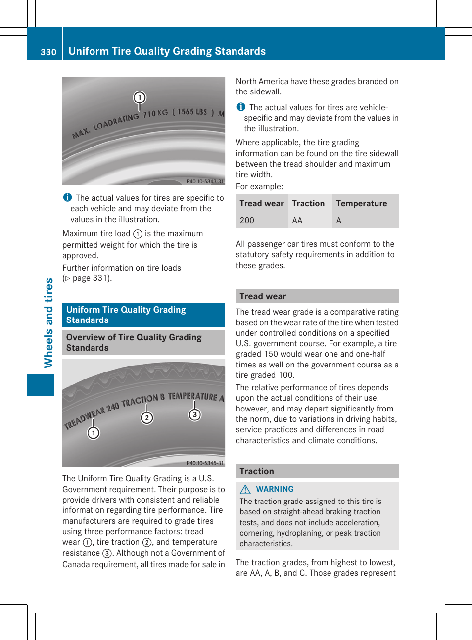 Uniform tire quality grading standards, Overview of tire quality grading standards, Tread wear | Traction, Wheels and tires | Mercedes-Benz CLS-Class 2012 Owners Manual User Manual | Page 332 / 356