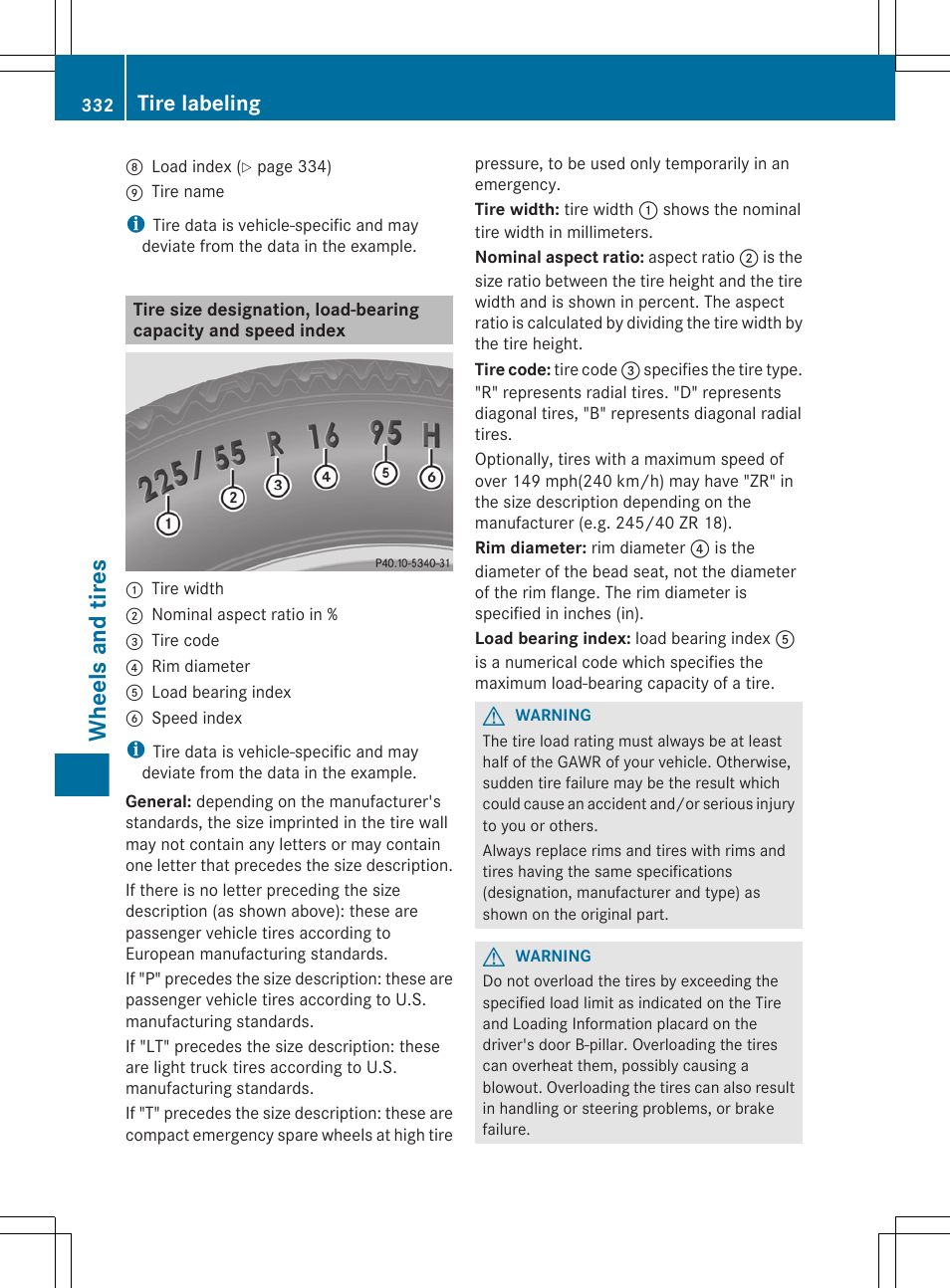 Of the tire, Capacity and speed index, Wheels and tires | Tire labeling | Mercedes-Benz CLS-Class 2012 Owners Manual User Manual | Page 334 / 356