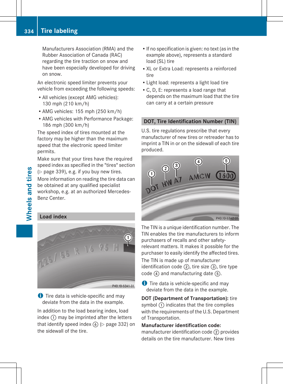 Load index, Dot, tire identification number (tin), Index, see load index | Wheels and tires, Tire labeling | Mercedes-Benz CLS-Class 2012 Owners Manual User Manual | Page 336 / 356