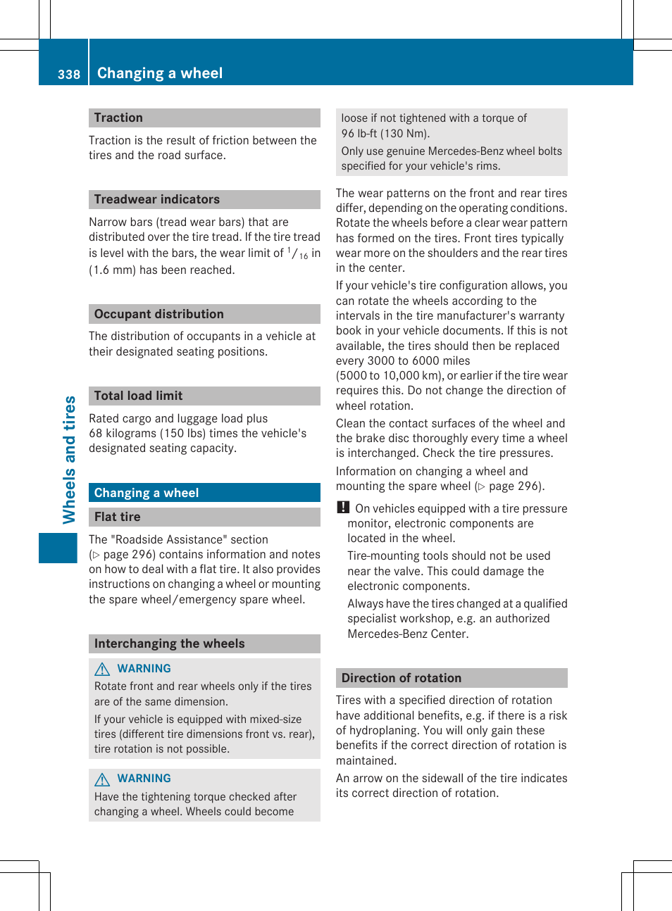 Traction, Treadwear indicators, Occupant distribution | Total load limit, Changing a wheel, Flat tire, Interchanging the wheels, Direction of rotation, If necessary, change a wheel, Section | Mercedes-Benz CLS-Class 2012 Owners Manual User Manual | Page 340 / 356