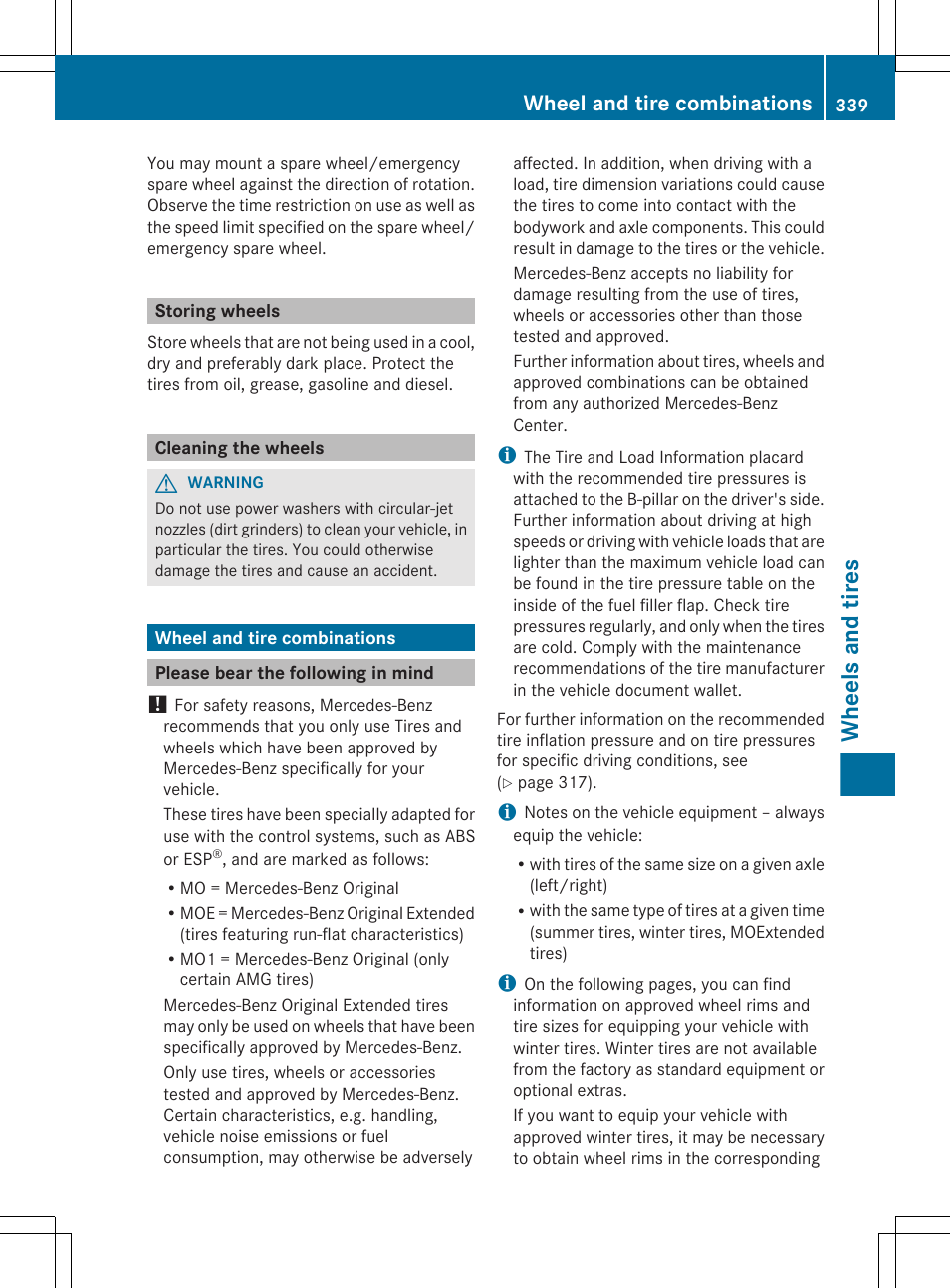 Storing wheels, Cleaning the wheels, Wheel and tire combinations | Please bear the following in mind, Section, Wheels and tires | Mercedes-Benz CLS-Class 2012 Owners Manual User Manual | Page 341 / 356