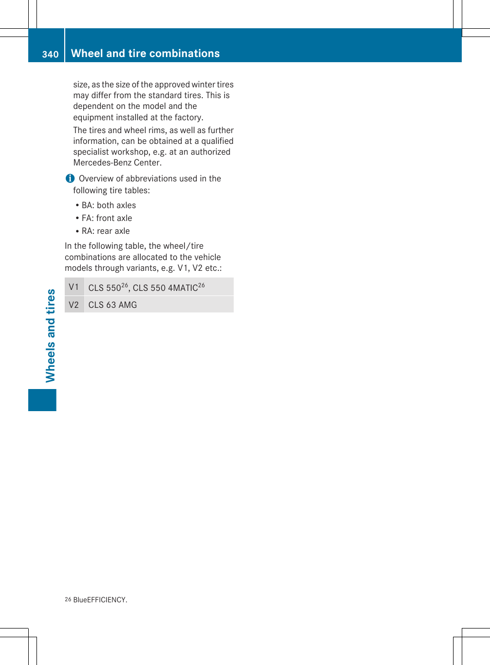 Wheels and tires, Wheel and tire combinations | Mercedes-Benz CLS-Class 2012 Owners Manual User Manual | Page 342 / 356