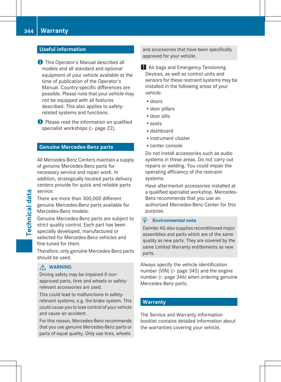 Technical data, Useful information, Genuine mercedes-benz parts | Warranty | Mercedes-Benz CLS-Class 2012 Owners Manual User Manual | Page 346 / 356