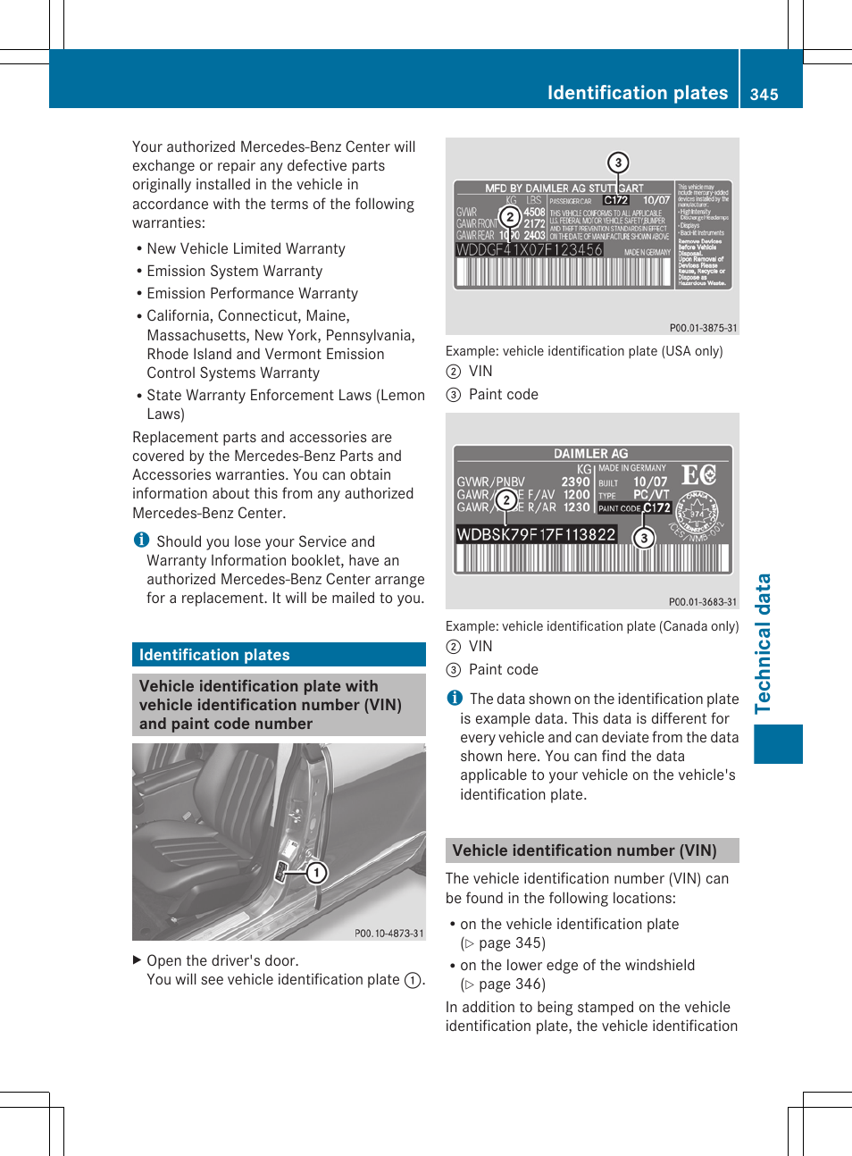 Identification plates, Vehicle identification number (vin), Number (vin) | Technical data | Mercedes-Benz CLS-Class 2012 Owners Manual User Manual | Page 347 / 356