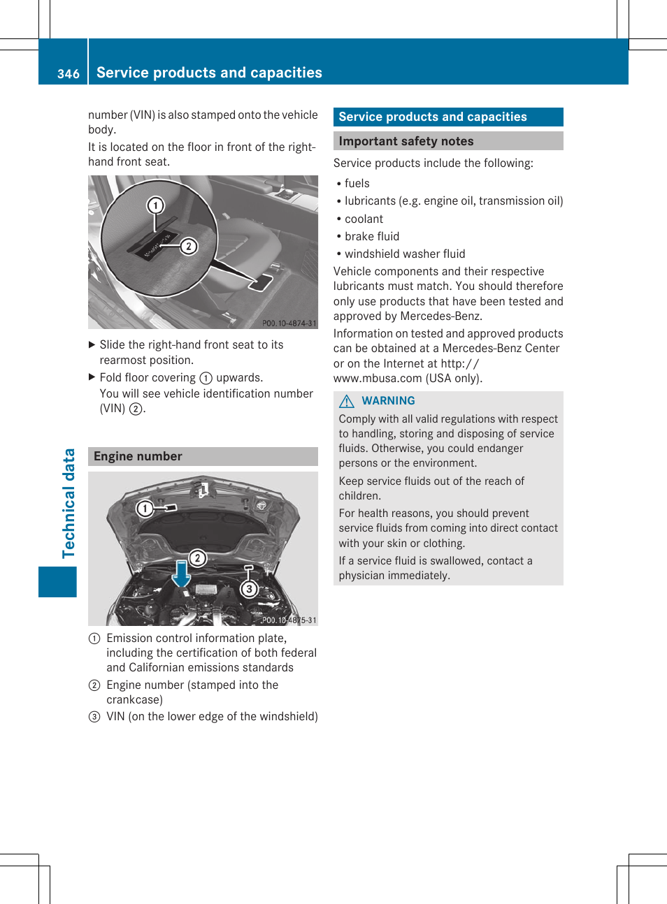 Engine number, Service products and capacities, Important safety notes | Number, Technical data | Mercedes-Benz CLS-Class 2012 Owners Manual User Manual | Page 348 / 356