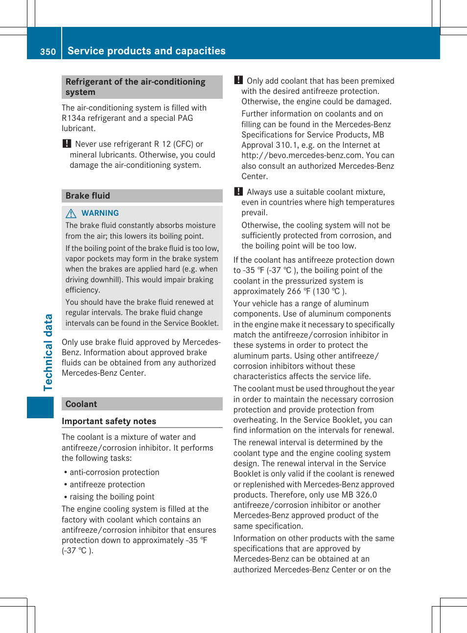 Refrigerant of the air-conditioning system, Brake fluid, Coolant | Technical data, Service products and capacities | Mercedes-Benz CLS-Class 2012 Owners Manual User Manual | Page 352 / 356
