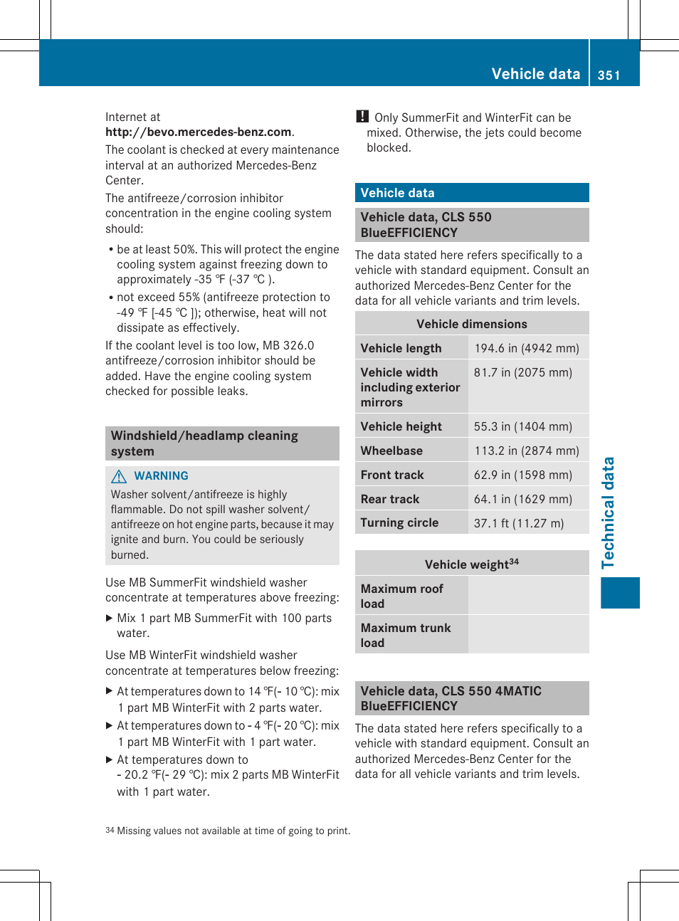 Windshield/headlamp cleaning system, Vehicle data, Vehicle data, cls 550 blueefficiency | Vehicle data, cls 550 4matic blueefficiency, Technical data | Mercedes-Benz CLS-Class 2012 Owners Manual User Manual | Page 353 / 356