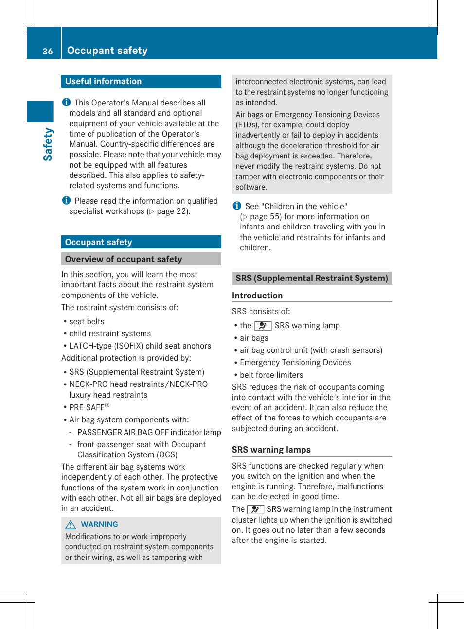 Safety, Useful information, Occupant safety | Overview of occupant safety, Srs (supplemental restraint system) | Mercedes-Benz CLS-Class 2012 Owners Manual User Manual | Page 38 / 356
