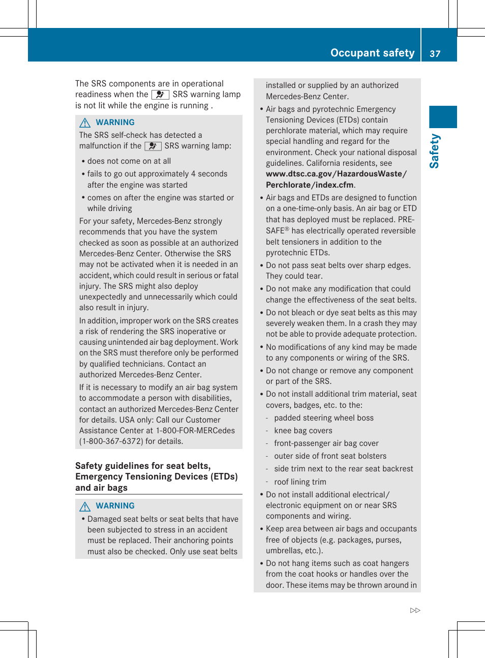 Safety, Occupant safety | Mercedes-Benz CLS-Class 2012 Owners Manual User Manual | Page 39 / 356