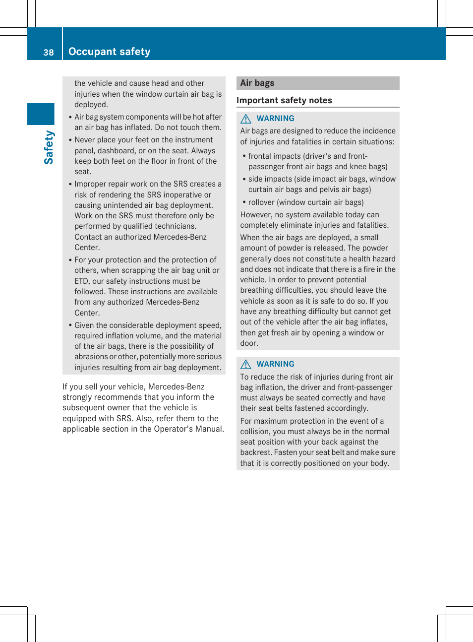 Air bags, Safety, Occupant safety | Mercedes-Benz CLS-Class 2012 Owners Manual User Manual | Page 40 / 356