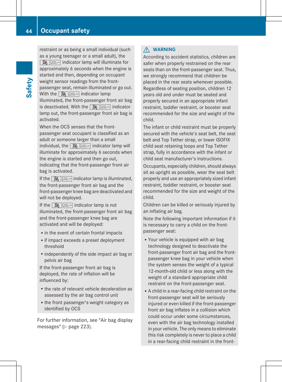 Safety, Occupant safety | Mercedes-Benz CLS-Class 2012 Owners Manual User Manual | Page 46 / 356