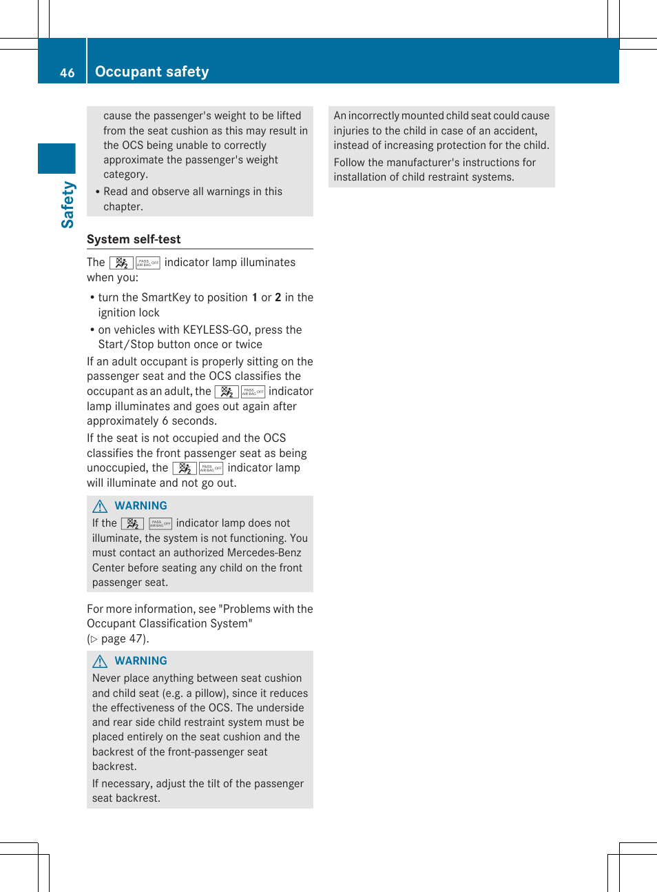 Safety, Occupant safety | Mercedes-Benz CLS-Class 2012 Owners Manual User Manual | Page 48 / 356