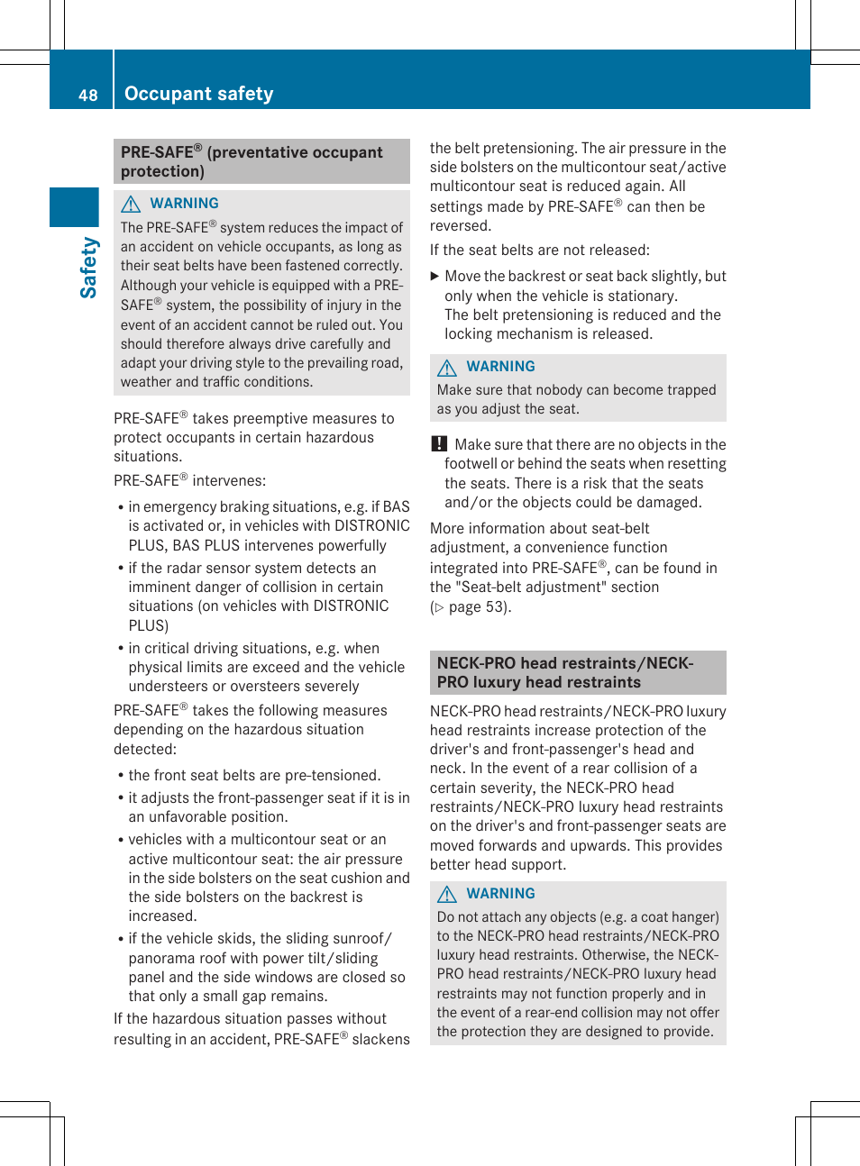 Pre-safe® (preventative occupant protection), Safety, Occupant safety | Mercedes-Benz CLS-Class 2012 Owners Manual User Manual | Page 50 / 356