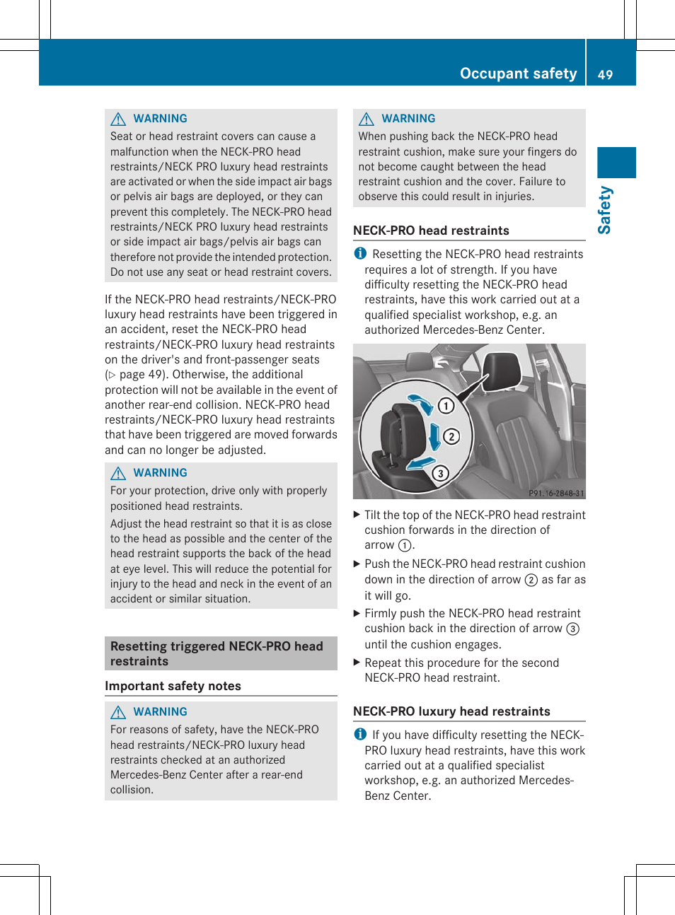 Resetting triggered neck-pro head restraints, Safety, Occupant safety | Mercedes-Benz CLS-Class 2012 Owners Manual User Manual | Page 51 / 356