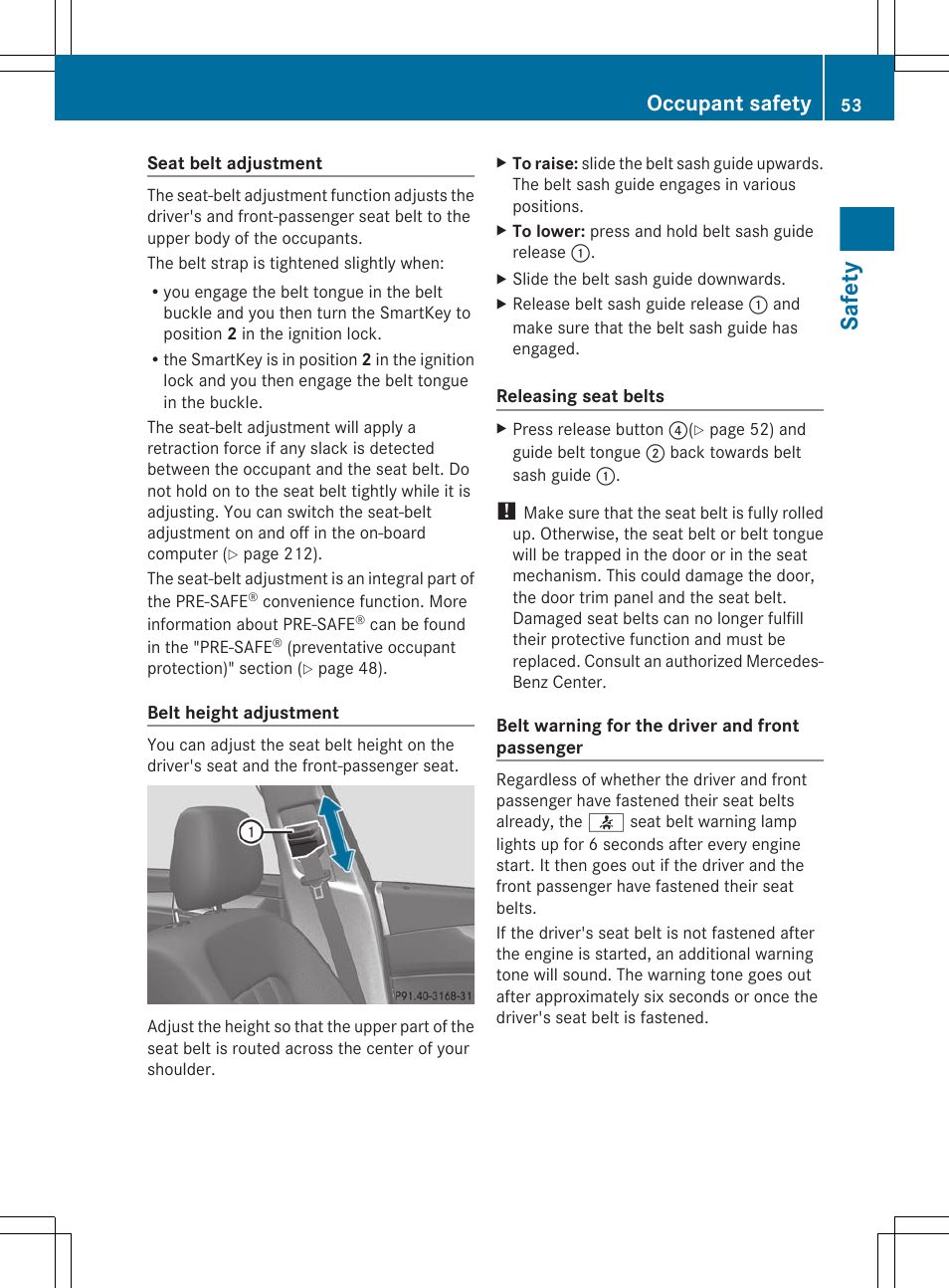 Appropriate height, Seat belts, Safety | Occupant safety | Mercedes-Benz CLS-Class 2012 Owners Manual User Manual | Page 55 / 356