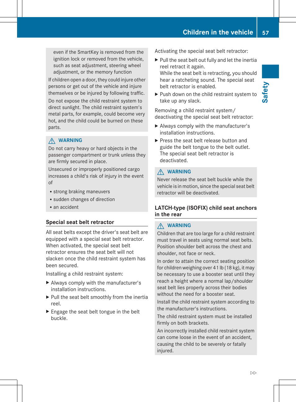 Seat belt retractors, see, Safety, Children in the vehicle | Mercedes-Benz CLS-Class 2012 Owners Manual User Manual | Page 59 / 356