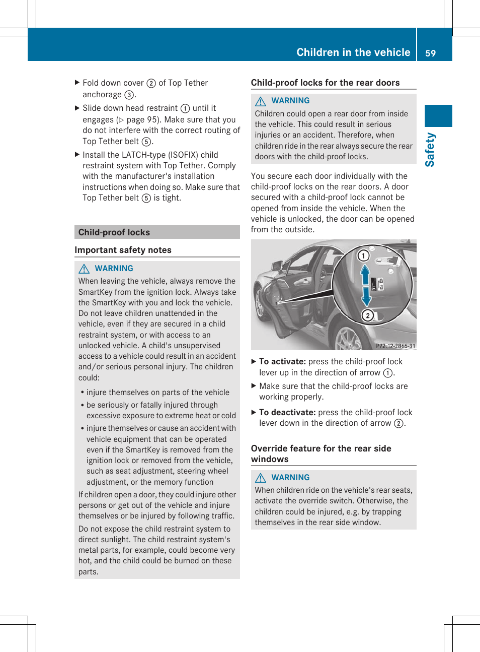 Child-proof locks, Safety, Children in the vehicle | Mercedes-Benz CLS-Class 2012 Owners Manual User Manual | Page 61 / 356