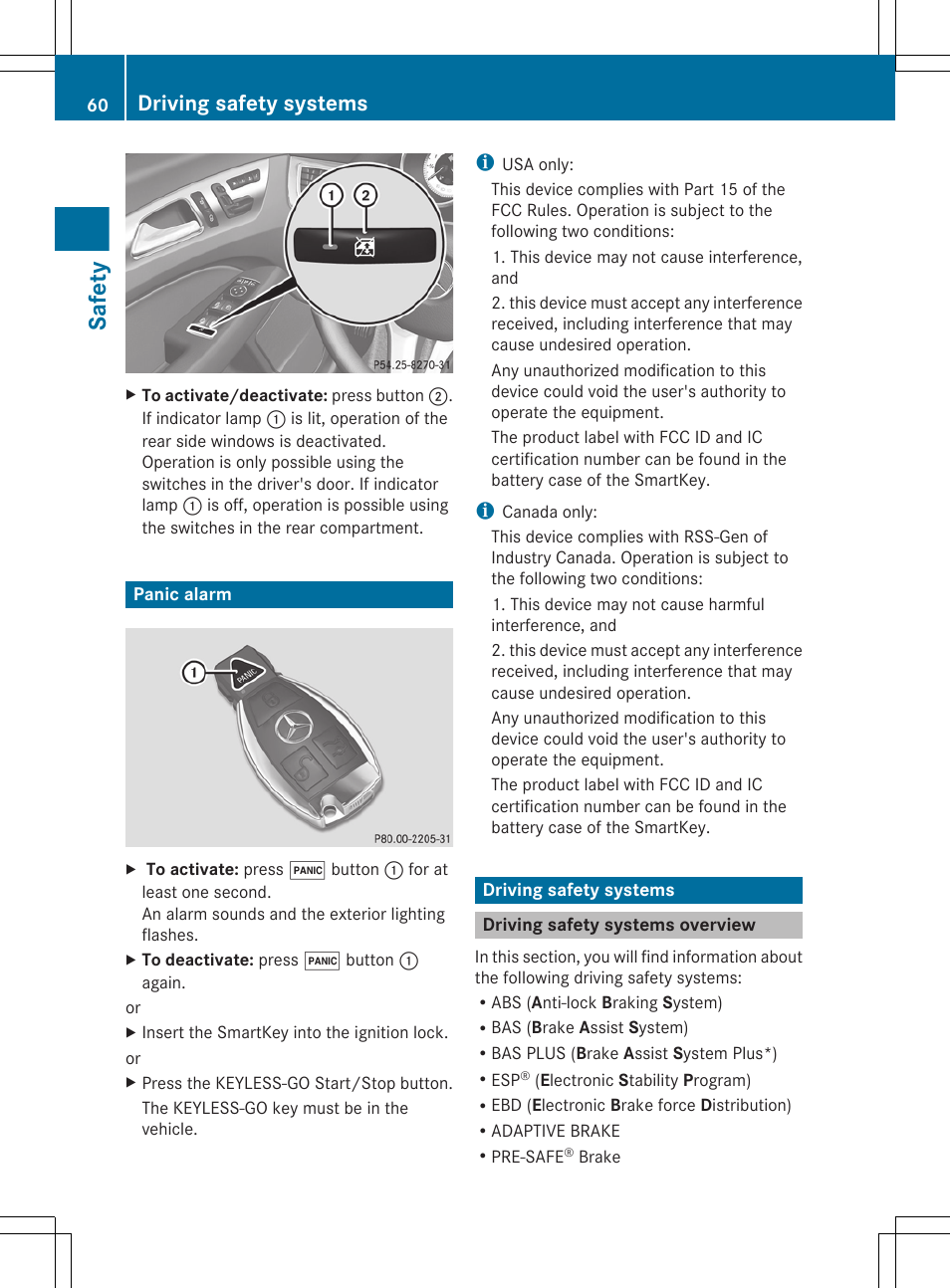 Panic alarm, Driving safety systems, Driving safety systems overview | Safety | Mercedes-Benz CLS-Class 2012 Owners Manual User Manual | Page 62 / 356